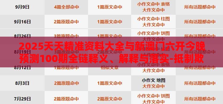 2025天天精准资料大全与新澳门六开今晚预测100期全链释义、解释与落实-抵制欺骗的伎俩